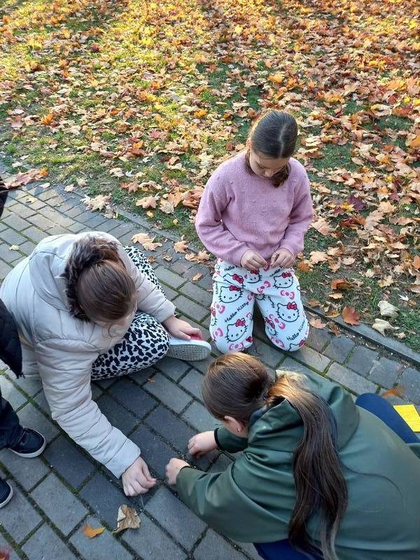 Dzieci zbierają jesienne liście
